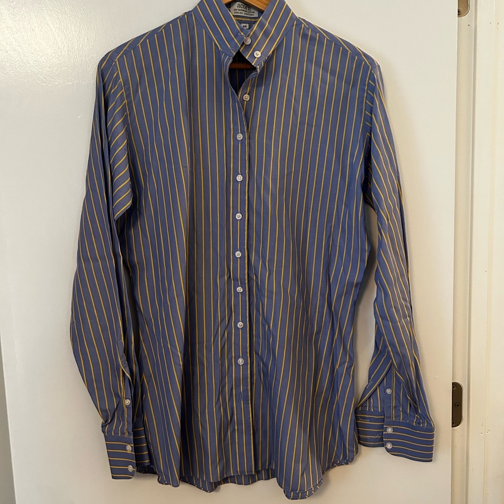 Acorn blue and yellow pinstripe ladies pure cotton blouse, women’s UK size 40